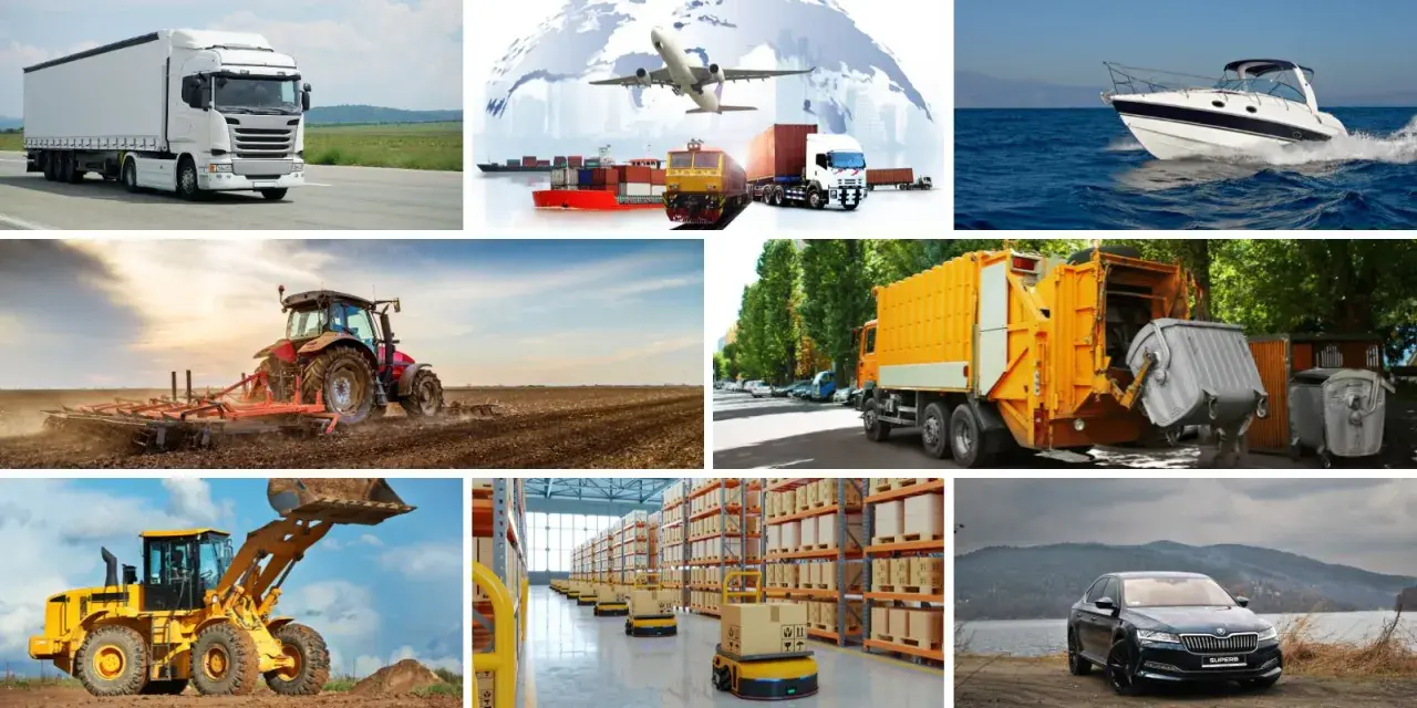 Różnorodne pojazdy: ciężarówka, samolot, statek, łódź, traktor, koparka, śmieciarka, roboty magazynowe i samochód osobowy – wszystko to elementy nowoczesnej telematyki transportu.