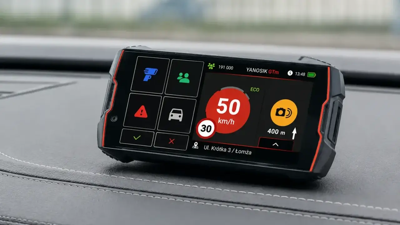 Na ekranie Yanosik GTm wyświetla 50 km/h, ostrzeżenie o fotoradarze i adres. Czy Yanosik jest legalny? Tak, jego używanie jest dozwolone.