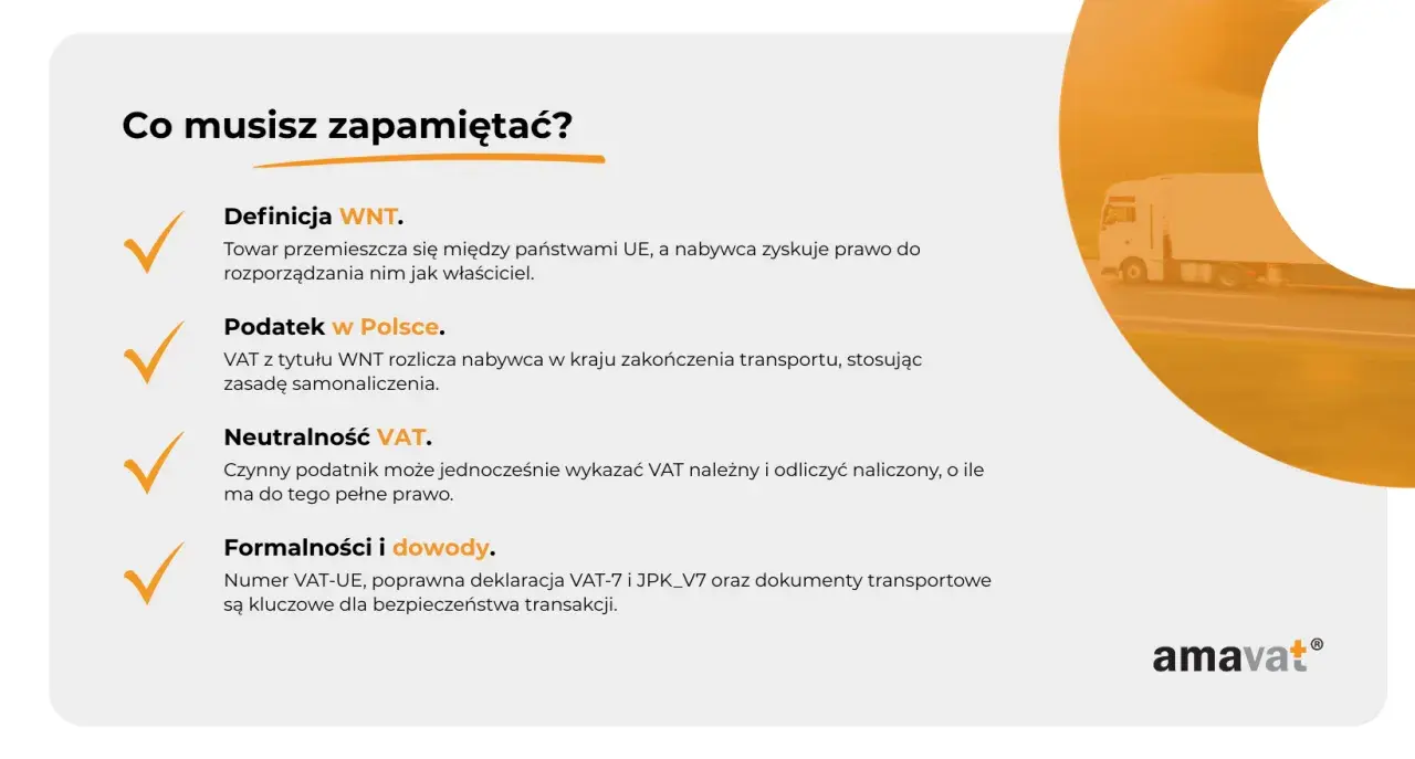 WNT: towar między krajami UE, nabywca rozporządza jak właściciel. Podatek w Polsce rozlicza nabywca. Neutralność VAT. Formalności i dowody kluczowe.