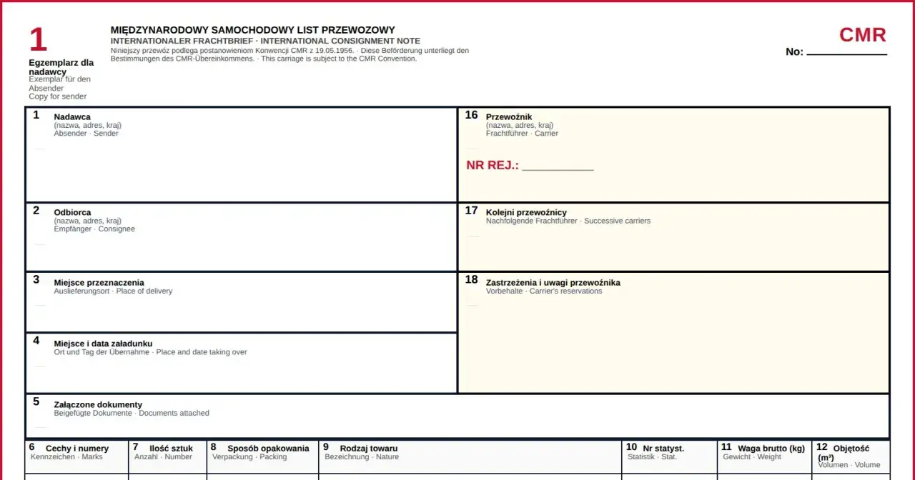 Międzynarodowy list przewozowy CMR, dokument transportowy z polami do wypełnienia danych nadawcy, odbiorcy, przewoźnika i szczegółów ładunku.