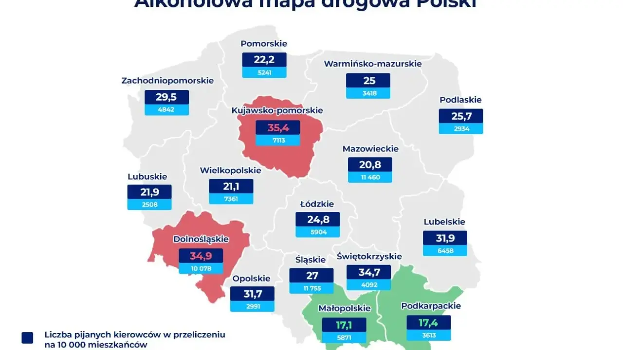 Mapa Polski z danymi o pijanych kierowcach. Kujawsko-pomorskie ma najwyższy wskaźnik.