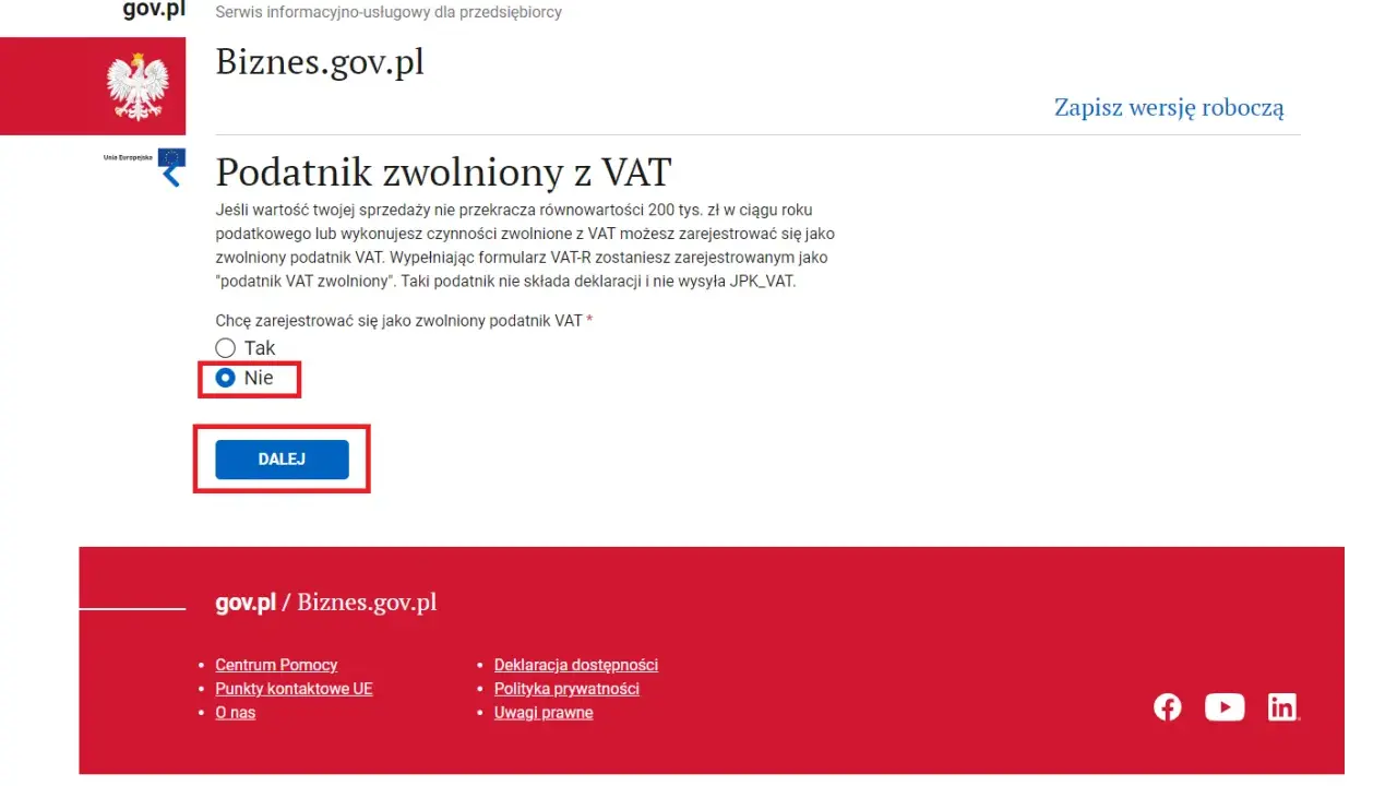 Formularz rejestracji jako podatnik zwolniony z VAT. Wybrano opcję "Nie".