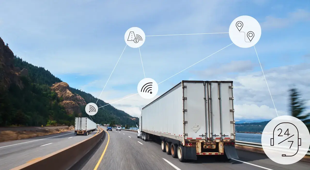 Ciężarówki na autostradzie, połączone ikonami symbolizującymi lokalizację, sygnał Wi-Fi, opłaty drogowe i całodobowe wsparcie, ilustrują nowoczesne systemy telematyczne w transporcie.