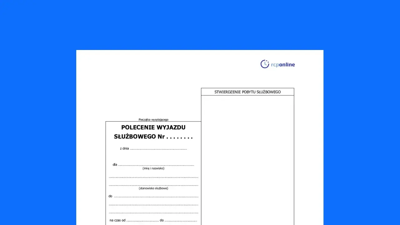 Dokument "Polecenie wyjazdu służbowego" z logo rcponline, przygotowany do wypełnienia dla celów delegacji zagranicznej.