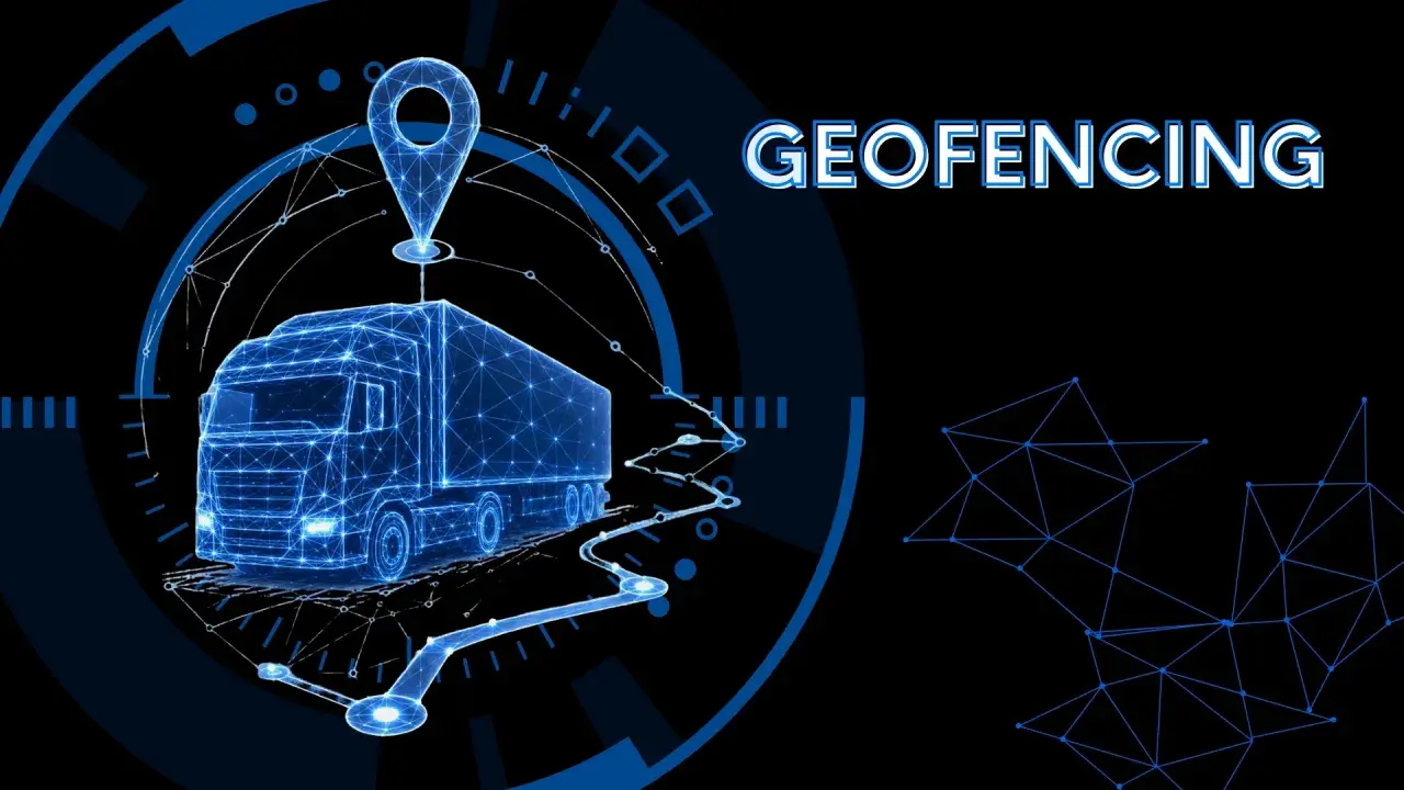 Cyfrowy schemat ciężarówki z pinezką lokalizacji i tekstem "GEOFENCING" ilustruje, geofencing co to jest w kontekście śledzenia i zarządzania flotą.