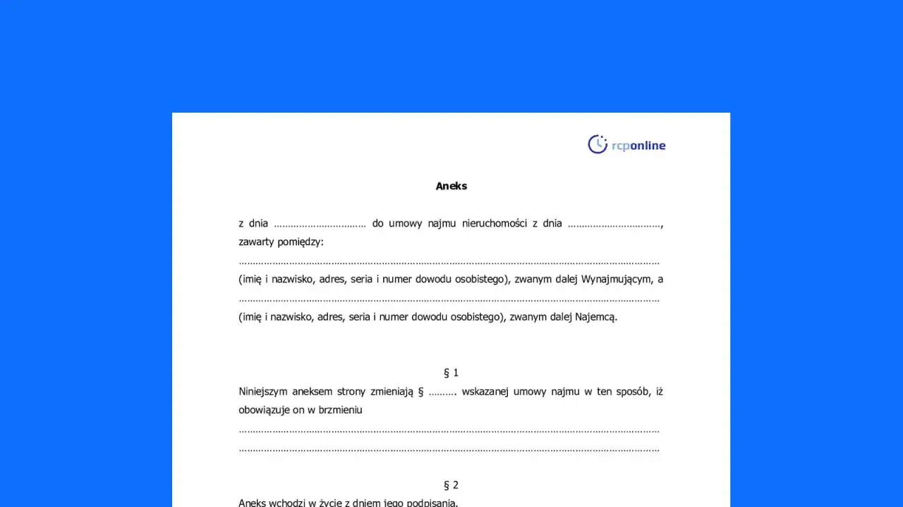 Aneks do umowy najmu nieruchomości. Dokument opisuje cesję umowy, wskazując strony i datę wejścia w życie zmian.