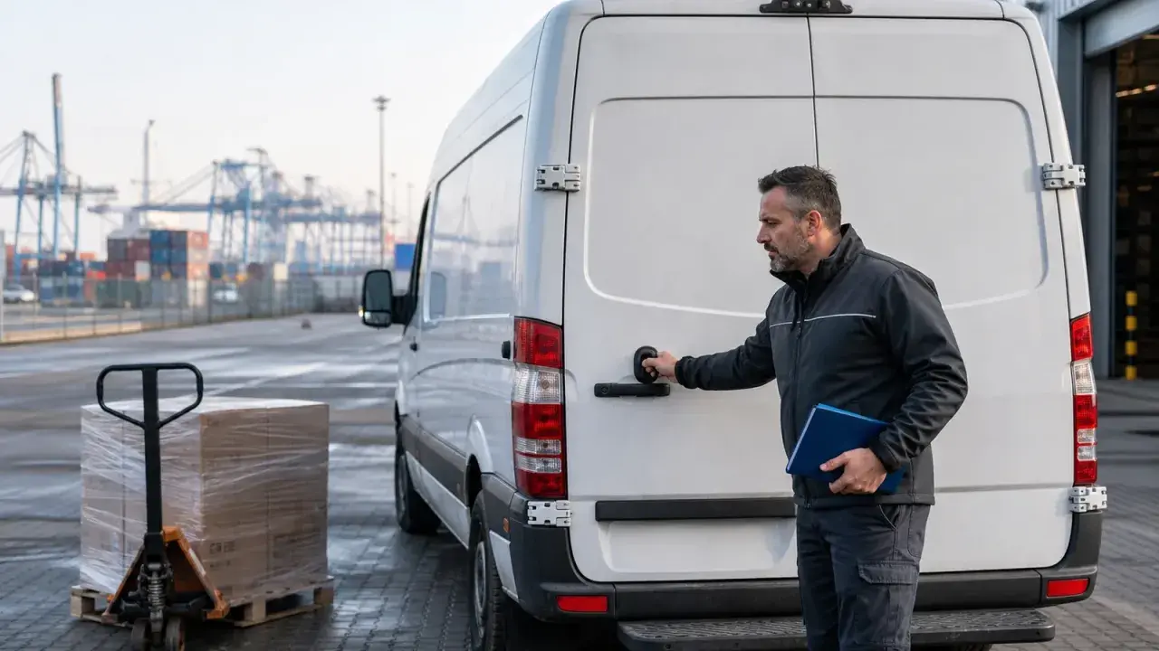 Mężczyzna otwiera tył białego vana, gotowy do załadunku palety z paczką. To jego transport okazjonalny.