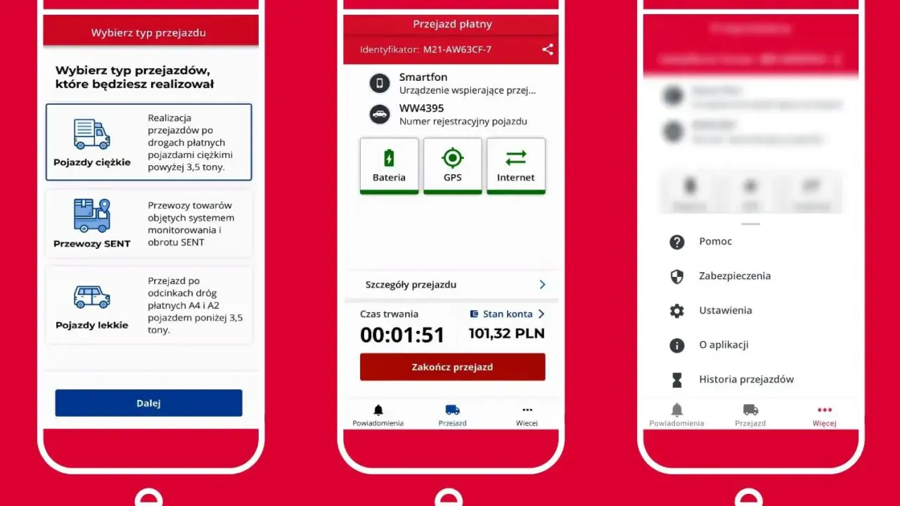 Aplikacja mobilna do zarządzania opłatami drogowymi. Wybór typu pojazdu, szczegóły przejazdu, czas trwania i koszt.