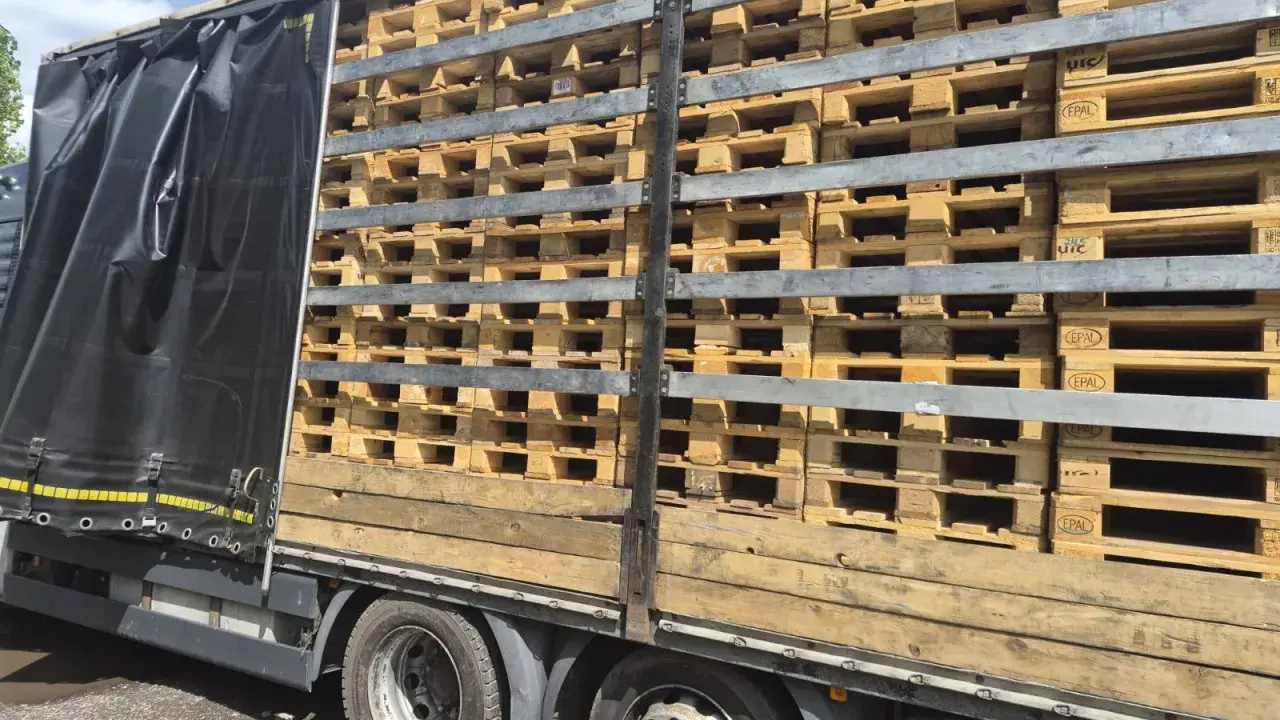 Tona palet drewnianych, ułożonych w stosy, wypełnia naczepę tira. Trudno dokładnie określić, ile palet na tira się mieści, ale jest ich bardzo dużo.