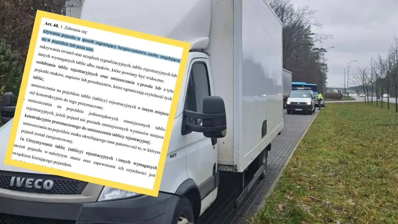 Mandat za przeładowanie samochodu do 3,5t. Na zdjęciu biała ciężarówka i dokument z przepisami.