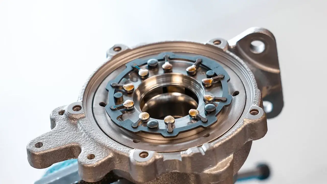 Metalowa obudowa turbosprężarki ze zmienną geometrią, z widocznymi łopatkami i mechanizmem regulacji.