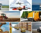Różnorodne pojazdy: ciężarówka, samolot, statek, łódź, traktor, koparka, śmieciarka, roboty magazynowe i samochód osobowy – wszystko to elementy nowoczesnej telematyki transportu.