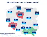 Mapa Polski z danymi o pijanych kierowcach. Kujawsko-pomorskie ma najwyższy wskaźnik.