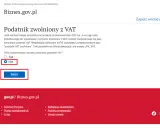 Formularz rejestracji jako podatnik zwolniony z VAT. Wybrano opcję "Nie".