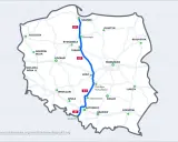 Mapa Polski z zaznaczoną autostradą A1, łączącą Gdańsk z Gorzyczkami. Widoczne główne miasta na trasie.