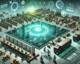 Futurystyczna wizualizacja przedstawiająca zaawansowaną logistykę 4.0: fabryki, ciężarówki, magazyny i centrum sterowania z hologramami.