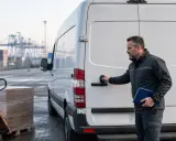 Mężczyzna otwiera tył białego vana, gotowy do załadunku palety z paczką. To jego transport okazjonalny.