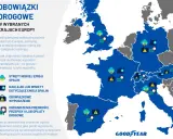 Mapa Europy z oznaczeniami przepisów drogowych. Francja i inne kraje mają ikony dotyczące stref niskiej emisji, winiet, wyposażenia i opłat.