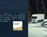 Biała ciężarówka jedzie krętą drogą przez las. Tekst informuje, że licencja krajowa uprawnia do transportu drogowego.