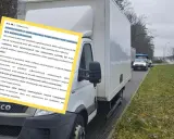 Mandat za przeładowanie samochodu do 3,5t. Na zdjęciu biała ciężarówka i dokument z przepisami.