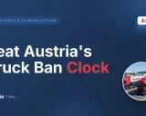 Pokonaj zakaz jazdy austria dla ciężarówek. Dwa czerwono-niebieskie ciężarówki Logifie zaparkowane na placu.