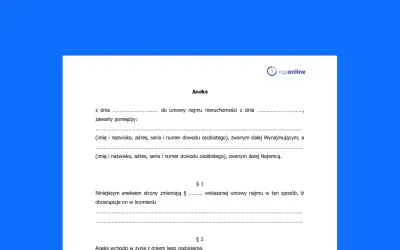 Aneks do umowy najmu nieruchomości. Dokument opisuje cesję umowy, wskazując strony i datę wejścia w życie zmian.
