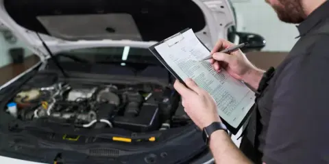 Mechanik z notatnikiem w ręku przeprowadza przegląd techniczny samochodu. Silnik jest otwarty, a lista kontrolna gotowa do wypełnienia.