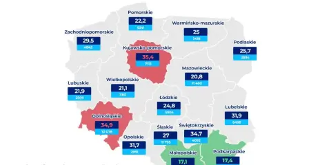 Mapa Polski z danymi o pijanych kierowcach. Kujawsko-pomorskie ma najwyższy wskaźnik.