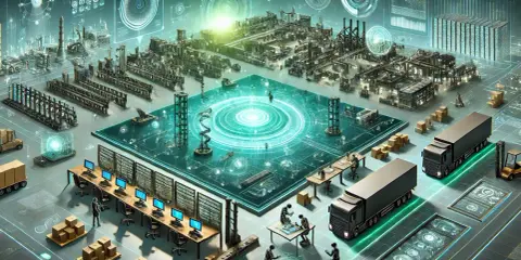 Futurystyczna wizualizacja przedstawiająca zaawansowaną logistykę 4.0: fabryki, ciężarówki, magazyny i centrum sterowania z hologramami.