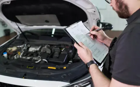 Mechanik z notatnikiem w ręku przeprowadza przegląd techniczny samochodu. Silnik jest otwarty, a lista kontrolna gotowa do wypełnienia.
