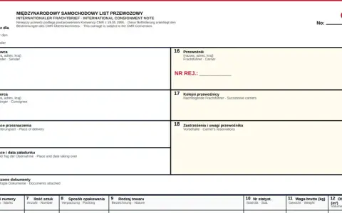 Międzynarodowy list przewozowy CMR, dokument transportowy z polami do wypełnienia danych nadawcy, odbiorcy, przewoźnika i szczegółów ładunku.