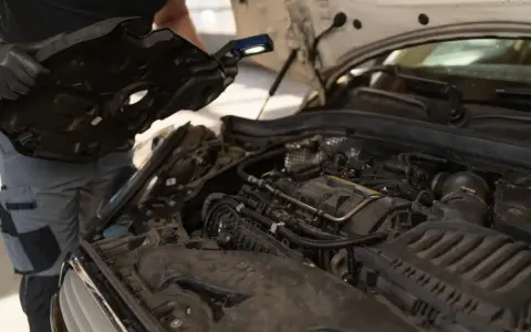 Mechanik sprawdza silnik, który mógł przegrzać się z powodu wysokiej temperatury.