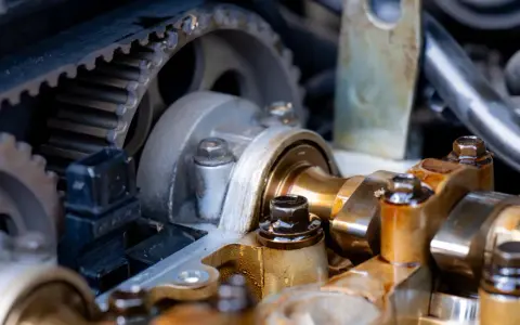 Widok na mechanizm rozrządu silnika samochodowego. Zębatka i pasek rozrządu, elementy wałka rozrządu. Luźny łańcuch rozrządu objawy mogą być groźne.