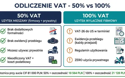 Porównanie odliczenia VAT 50% vs 100%. Dowiedz się, co zaliczamy do kosztów eksploatacji samochodu przy różnych opcjach.