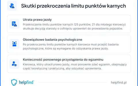 Przekroczenie limitu 15 punktów karnych to utrata prawa jazdy, badania psychologiczne i konieczność ponownego zdania egzaminu.