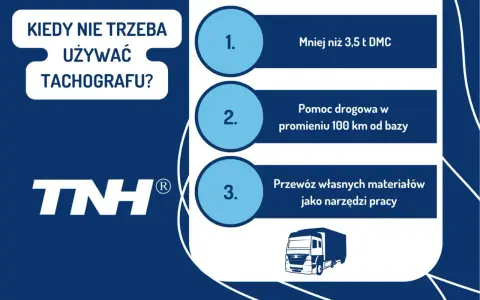 Kiedy nie zarobkowy przewóz na potrzeby własne a tachograf nie jest wymagany: DMC < 3,5t, pomoc drogowa do 100km, przewóz materiałów jako narzędzi pracy.