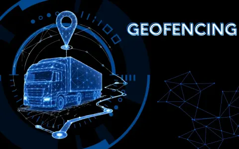 Cyfrowy schemat ciężarówki z pinezką lokalizacji i tekstem "GEOFENCING" ilustruje, geofencing co to jest w kontekście śledzenia i zarządzania flotą.