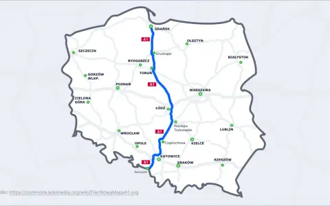 Mapa Polski z zaznaczoną autostradą A1, łączącą Gdańsk z Gorzyczkami. Widoczne główne miasta na trasie.