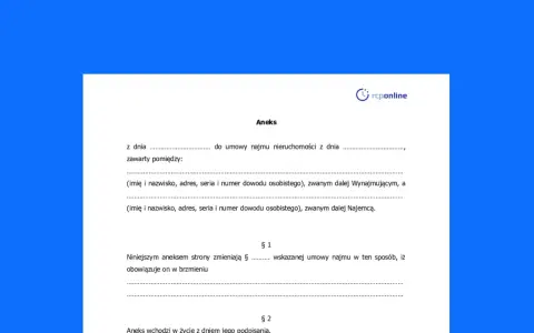 Aneks do umowy najmu nieruchomości. Dokument opisuje cesję umowy, wskazując strony i datę wejścia w życie zmian.