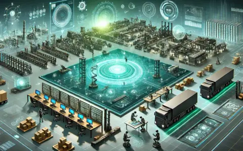 Futurystyczna wizualizacja przedstawiająca zaawansowaną logistykę 4.0: fabryki, ciężarówki, magazyny i centrum sterowania z hologramami.