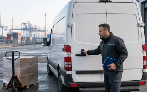 Mężczyzna otwiera tył białego vana, gotowy do załadunku palety z paczką. To jego transport okazjonalny.