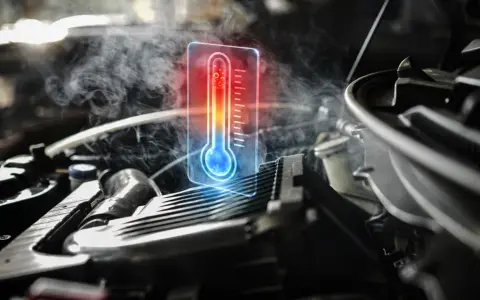 Para zacięty termostat objawy, widzimy parujący silnik i cyfrowy termometr wskazujący wysoką temperaturę.