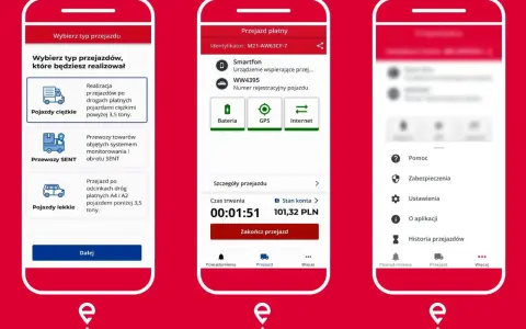 Aplikacja mobilna do zarządzania opłatami drogowymi. Wybór typu pojazdu, szczegóły przejazdu, czas trwania i koszt.