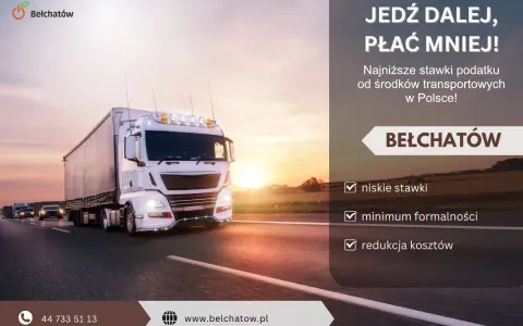 Ciężarówka na drodze o zachodzie słońca. Reklama Bełchatowa zachęca do jazdy i płacenia mniej, oferując niskie stawki, minimum formalności i redukcję kosztów, czyli pozostałe koszty operacyjne.