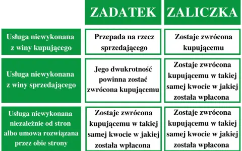 Porównanie: zadatek a zaliczka. W przypadku zadatku przy winie sprzedającego traci się go, a przy zaliczce otrzymuje zwrot.