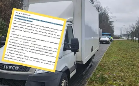 Mandat za przeładowanie samochodu do 3,5t. Na zdjęciu biała ciężarówka i dokument z przepisami.