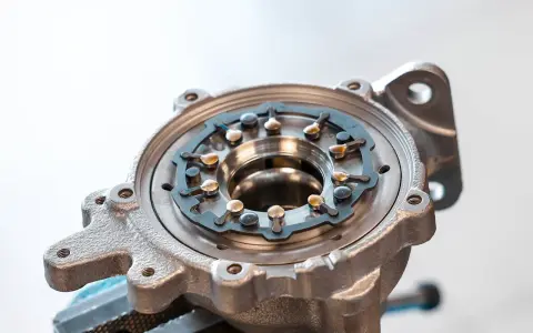 Metalowa obudowa turbosprężarki ze zmienną geometrią, z widocznymi łopatkami i mechanizmem regulacji.