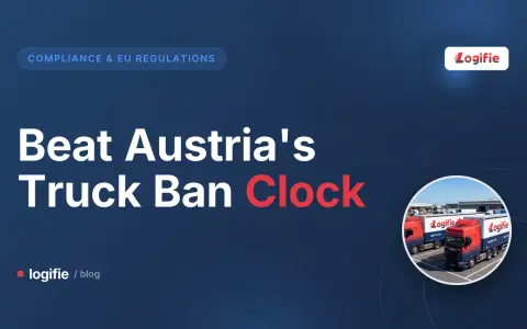Pokonaj zakaz jazdy austria dla ciężarówek. Dwa czerwono-niebieskie ciężarówki Logifie zaparkowane na placu.