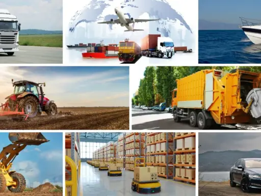 Różnorodne pojazdy: ciężarówka, samolot, statek, łódź, traktor, koparka, śmieciarka, roboty magazynowe i samochód osobowy – wszystko to elementy nowoczesnej telematyki transportu.