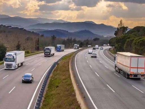 Ciężarówki na autostradzie, symbolizujące transport i logistykę, gdzie co to jest kabotaż odgrywa kluczową rolę w przewozach międzynarodowych.